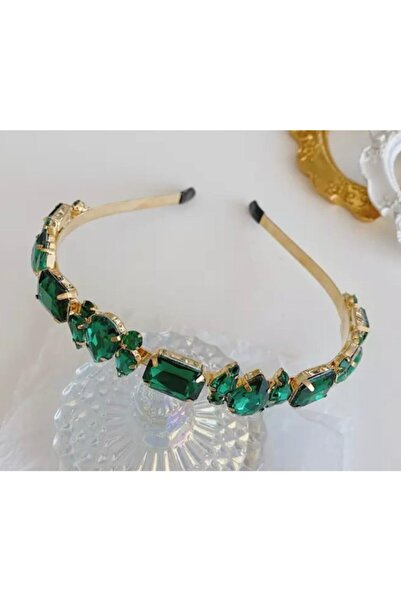 QUEEN AKSESUAR Trend Luxury Coroană de aur din metal cu cristale verzi smaral...