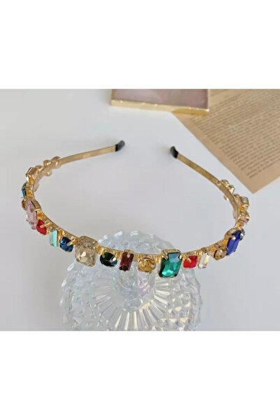 QUEEN AKSESUAR Μεταλλική χρυσή κορώνα με πολύχρωμες κρυστάλλινες πέτρες τάσης πολυτελείας