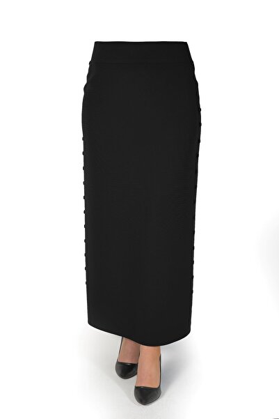 Genel Markalar Kadın Tesettür Yanları Düğmeli Kapalı Yırtmaç Uzun Düz Siyah Kalem Etek