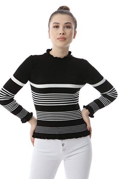 Kırçiçek Pulover de tricotat cu volane cu dungi negre pentru femei