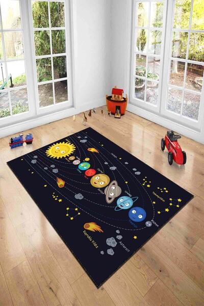 Viva Home Gezegenler Uzay Makinede Yıkanabilir Kaymaz Tabanlı Çocuk Halısı