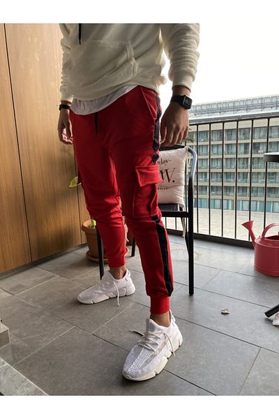AUST GİYİM Men's Red Striped Cargo Sweatpants