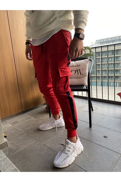 AUST GİYİM Men's Red Striped Cargo Sweatpants