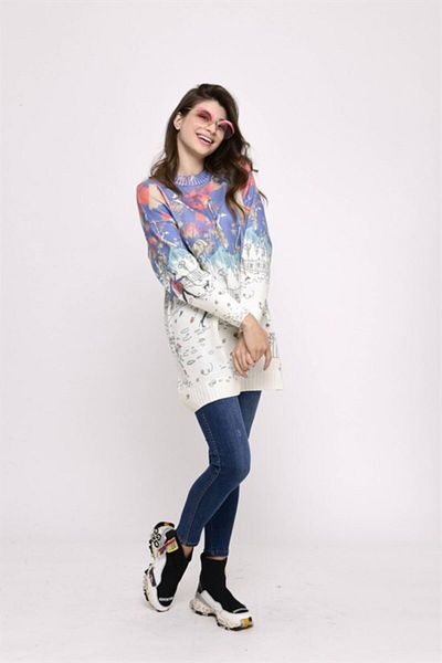 ZTO Women's Ecru Digital Printed Mercerized Cotton Knitwear