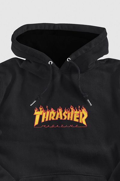 Grove Fashion Hanorac negru unisex cu imprimeu Thrasher cu două fire ridicate