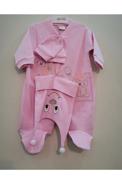 Bertoby Pink 3-Piece Jumpsuit with Dog Embroidery and Studs