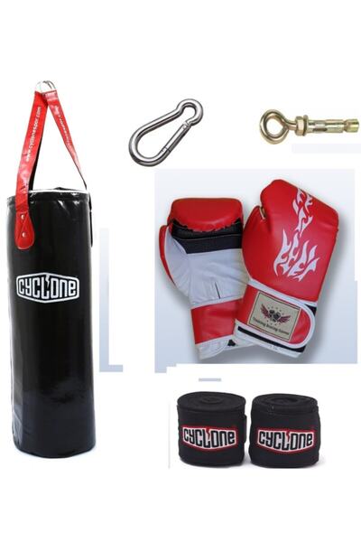 CYCLONE Çocuk Büyük Boy ''boş'' Boks Kum Torbası+çocuk Boks Eldiveni Bandaj Ve Askı Aparatlı 70x25cm