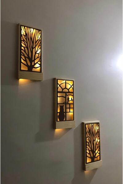 MSAĞWOODS Peri Ledli 3lüset Piller Hariç Açkapa Masifahşap Tablo Ev Hediye Hol Antre Gecelamba 36x18 Duvar Süs