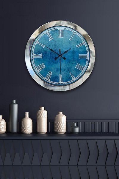 Kasva Concept 36 cm Chrome Metal Blue Pattern Wall Clock