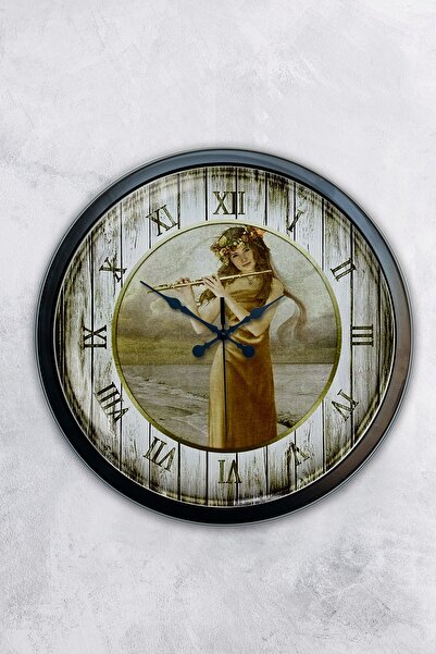 AİB STORE هدية ساعة حائط فتاة تلعب الناي المعدني الأسود مقاس 40 سم