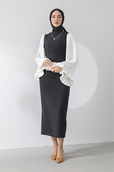 Modarana Women's Self-Belted Loose Sleeve Black Dress