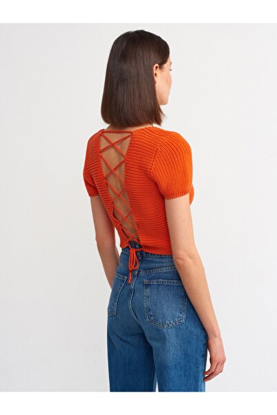 Dilvin 10164 Square Collar Lace-Up Short Sleeve Sweater-orange