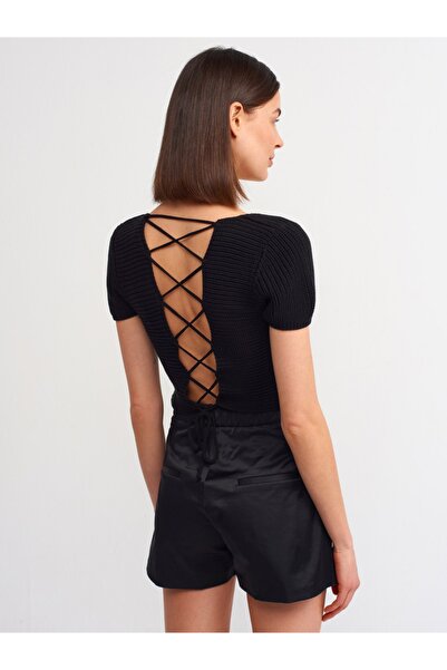 Dilvin 10164 Square Collar Lace-Up Short Sleeve Sweater-black