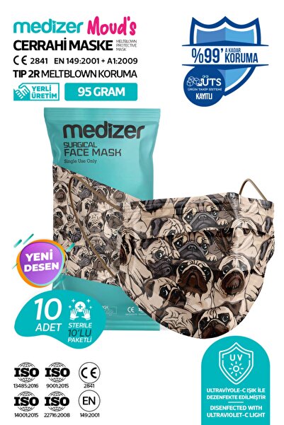 Medizer Pug Desenli Cerrahi Maske Meltblown Kumaş - 10'lu 1 Paket