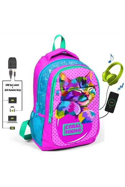 Coral High Rucsac pentru copii Little Cat pentru școala primară și gimnazială - cu port USB și Aux