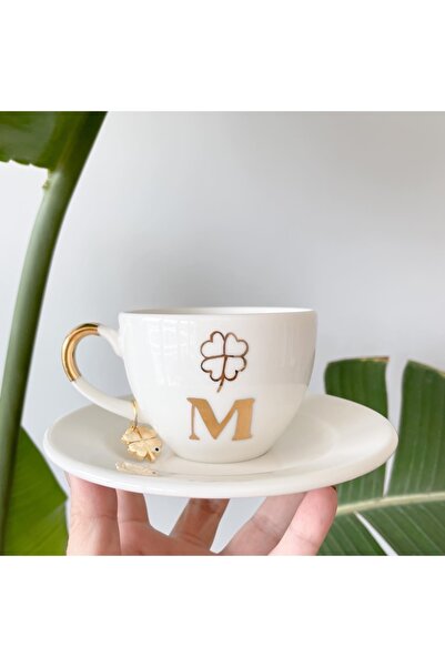 Mugtasarım 24k Altın Yaldızlı Yonca Küpeli Porselen Nescafe Fincanı - M Harfi -