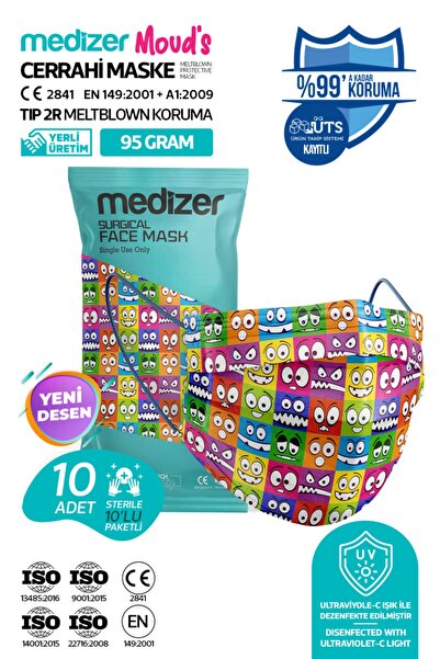 Medizer Meltblown Funny Face Desenli Cerrahi Maske 10'lu 1 Paket