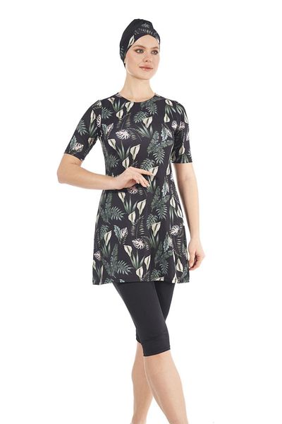 Estiva Costum de baie cu dresuri cu jumătate de mânecă cu imprimeu floral pentru damă - verde/negru