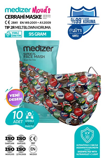 Medizer Meltblown 90's Caps Desenli Cerrahi Maske - 10'lu 1 Paket