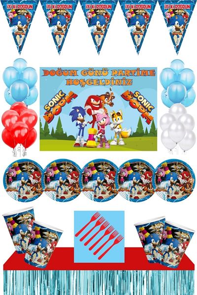 Sonic Boom Birthday 8-Person 50x70 Cm Bannered Party Supplies Set with Blue Table Skirt