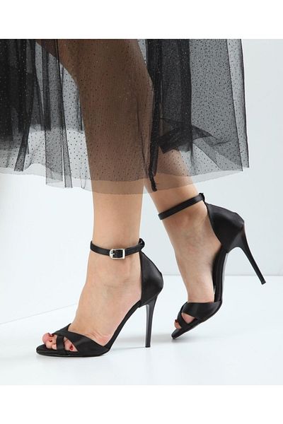 sweet girl Black Cross Single Strap High Heeled Women's Evening Dress - Thin Pointed Shoes with Ankle Laces