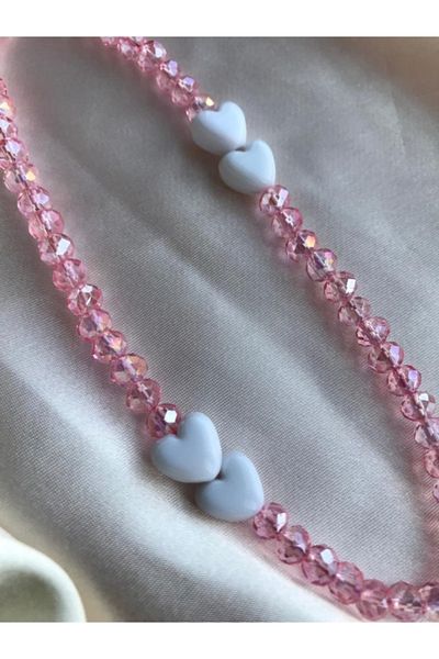 PEONY - peonyofficiall White Heart and Pink Crystal Bead Phone Charm Phone Strap