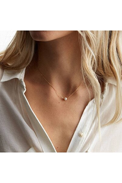 Eva Jewelry Tek Inci Tasarım 14 K Rose Gold Kaplama Kadın Kolye