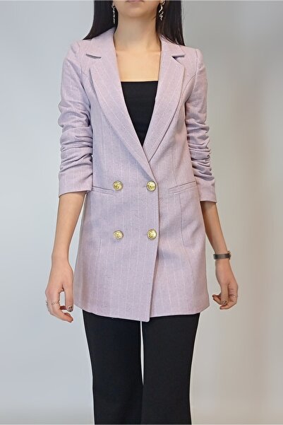 OYYA Kadın Beyaz Lila Keten Astarlı Çizgili Gold Düğmeli Blazer Ceket Yy101002