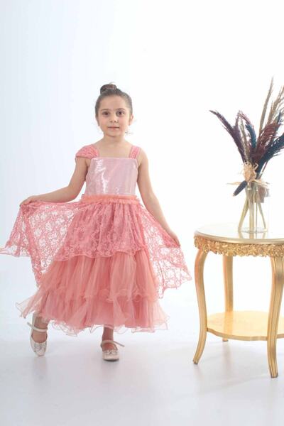 ÖFİ Kids Kız Uzun Gül Kurusu Askılı Pul Payetli Güpürlü Kat Kat Şık Abiye