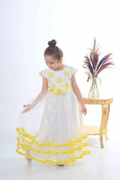 ÖFİ Kids Kız Sarı Puantiyeli Kısa Kollu Uzun Tüllü Şık Beyaz Abiye