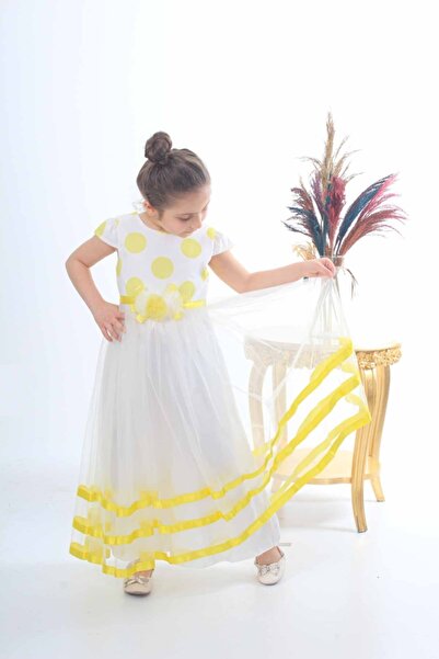 ÖFİ Kids Kız Sarı Puantiyeli Kısa Kollu Uzun Tüllü Şık Beyaz Abiye