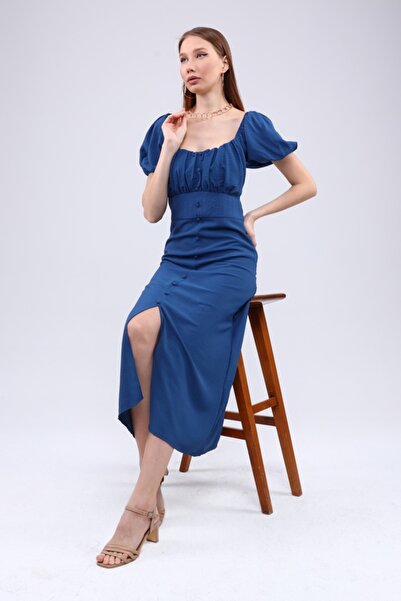 1Moda1Tarz Γυναικείο μπλε ύφασμα Aerobin με διακοσμητικό κουμπί μπροστά και λ...