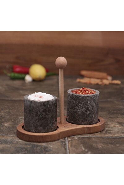 Kenpool طقم توابل رخامي أخضر مكون من قطعتين مع حامل خشبي طقم توابل رخامي بني