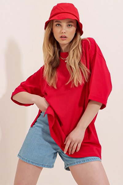Trend Alaçatı Stili T-Shirt - Red - Oversize