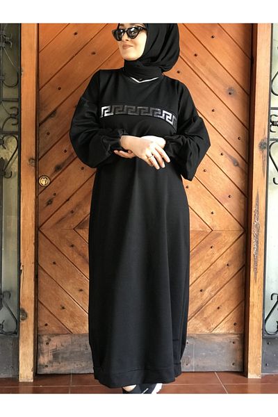 AYSUN AYDEMİR Black Silver Detailed Maxi Balloon Sleeve Hijab Dress