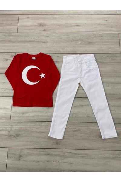 durumod Kırmızı Türk Bayrağı Uzun Kol Tişört Beyaz Pantolon Alt Üst Takım