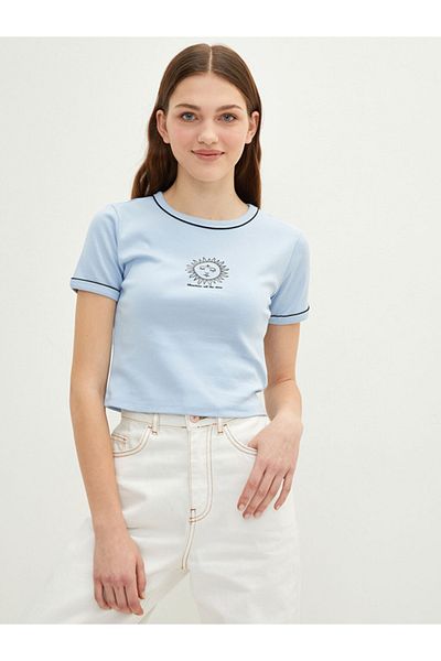 LC Waikiki Tricou de damă din bumbac cu mânecă scurtă, cu decolteu rotund, cu imprimeu