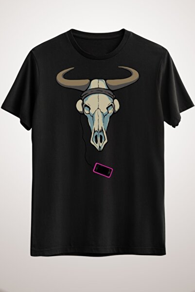 GreenMint تيشيرت موسيقى جمجمة سوداء للجنسين يحب الموسيقى أيضًا