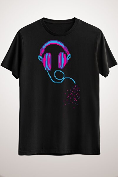 GreenMint تيشيرت موسيقى بلاك بيكسل أسود للجنسين
