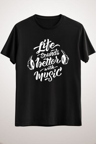 GreenMint تيشيرت موسيقى للجنسين باللون الأسود "لايف ساوندز بيتر مع الموسيقى