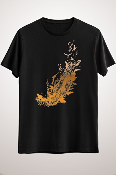 GreenMint للجنسين الأسود الريش الذهبي مع الطيور والموسيقى تي شيرت ملاحظات الم...