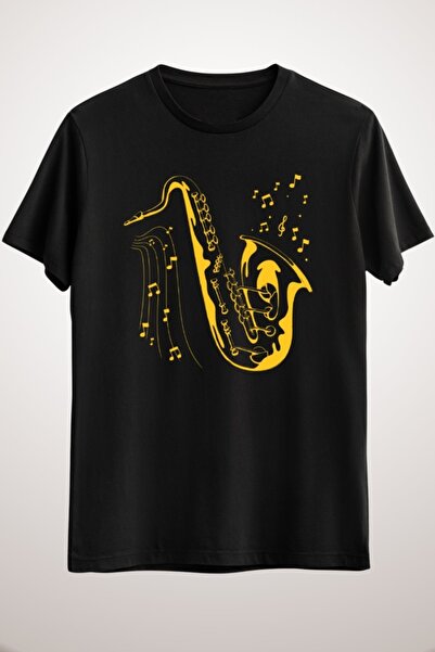GreenMint تيشيرت موسيقى ساكسفون أسود للجنسين