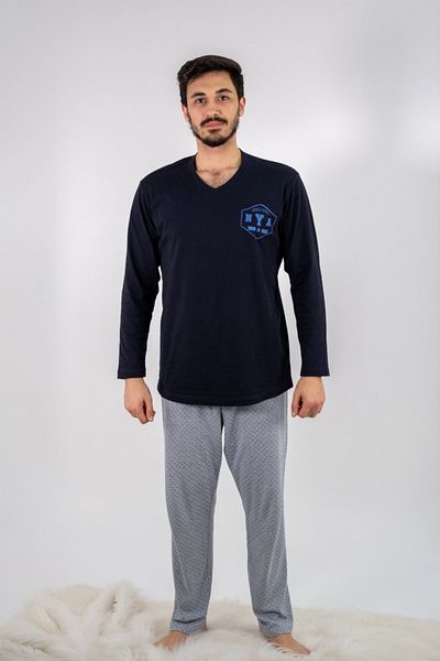 Nur Aka by Nurteks Navy Blue Long Sleeve 100% Cotton Large Size Pajama Set with Streamer Printed V-Neck