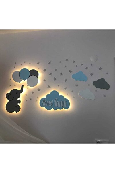 ARSERGROUP Çocuk Odası Dekoratif Ahşap Dörtlü Balon Fil Ve Bulut Gece Lambası...