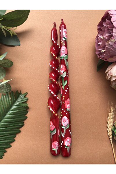Elif Design 2 Li Güllü Mum Seti Burgu Ve Şamdan Mumu Gold Detaylı Kırmızı Kok...
