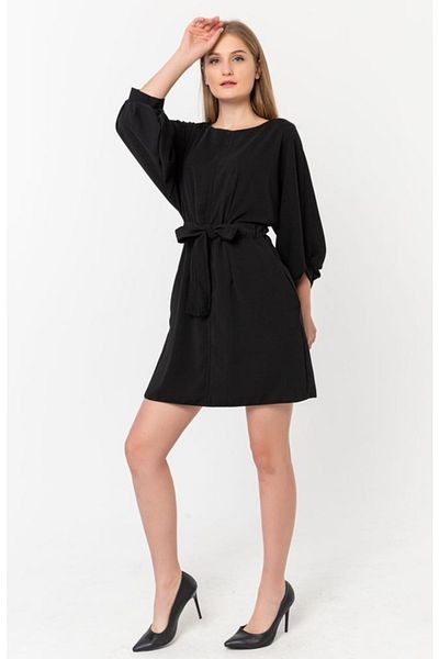 OYYA Women's Black Elastic Waist Balloon Sleeve Crepe Dress Yy101017