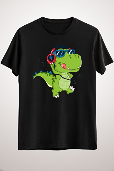 GreenMint للجنسين أسود مضحك ديناصور الموسيقى التي شيرت الموسيقى رئيس مكبرة تريكس