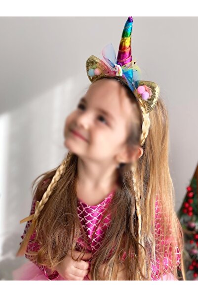 QUEEN AKSESUAR Κίτρινο κοστούμι γενεθλίων για παιδιά με κορώνα με κέρατο μονόκερου - Μαλλιά Ραπουνζέλ με λάμψη