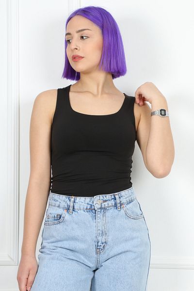 CİDDE Women's Thick Straps Lycra Basic Square Neck Sleeveless Undershirt Blouse/Black/L