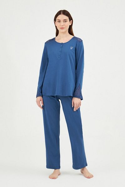 Eros Cotton Lace Detailed Placket Long Sleeve Pajama Set